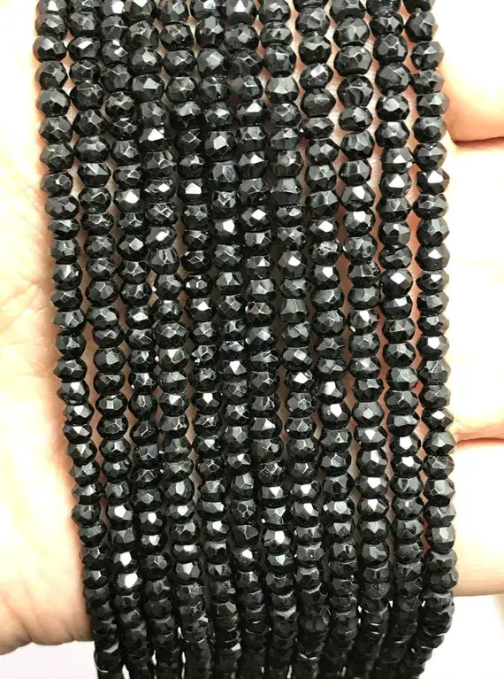On Sale Lot Of 2 Strands Of 3.5 - 4 Mm Black Spinel Micro Faceted Rondelle  Gemstone Beads Strand / 4 Mm Rondelle Beads / Faceted Rondelle