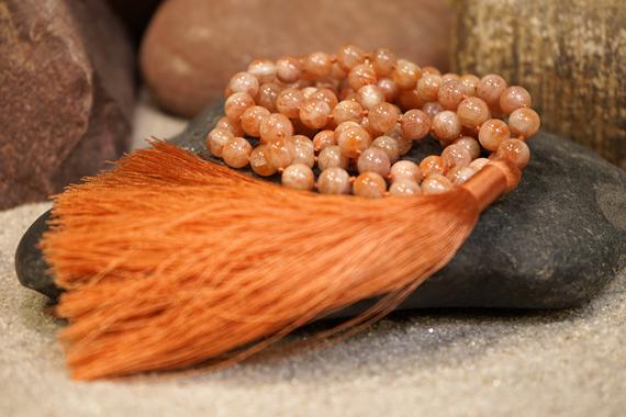 Sunstone Aaa Knotted Mala (aaa) (108 And Guru), Necklace 9-mm Beads With A Millennial Pink Tassel 1089