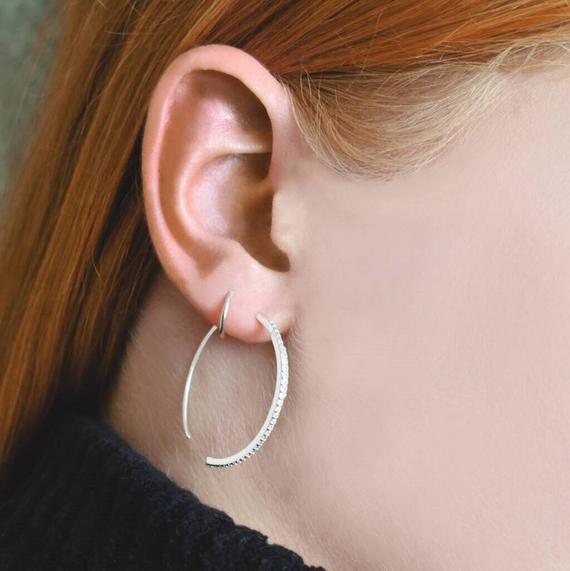 Sterling Silver Hoops-modern Earrings-ear Cuff-sparkling Earrings-party Earrings-white Topaz Earrings-clear Stone Earrings-open Hoops-gift