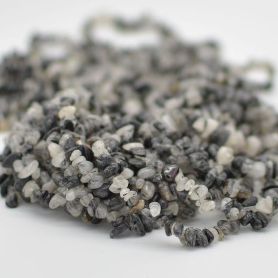 Natural Black Rutilated Tourmaline Quartz Semi-precious Gemstone Chips Nuggets Beads - 5mm - 8mm, 32" Strand