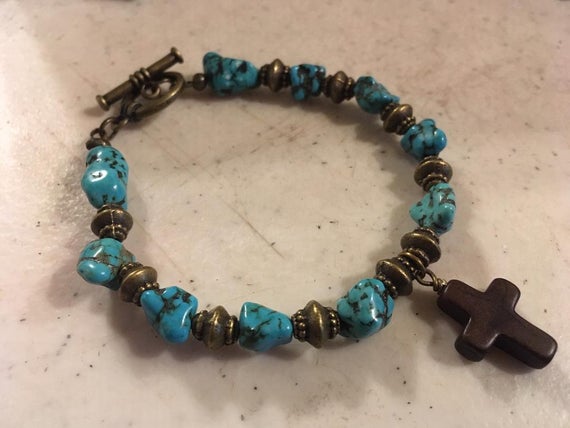 Turquoise Bracelet - Gemstone Jewelry - Antique Brass Jewellery - Carmal - Cross Charm - Brown - Blue - Beaded - Gift - Handmade - Toggle