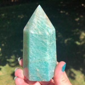 Shop Amazonite Points & Wands! 4" Amazonite Point  Vibrant Shimmery Blue Green Feldspar Tower #2 | Natural genuine stones & crystals in various shapes & sizes. Buy raw cut, tumbled, or polished gemstones for making jewelry or crystal healing energy vibration raising reiki stones. #crystals #gemstones #crystalhealing #crystalsandgemstones #energyhealing #affiliate #ad
