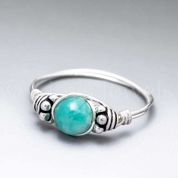 Gemmy Blue Amazonite Bali Sterling Silver Wire Wrapped Gemstone Bead Ring - Made To Order, Ships Fast!