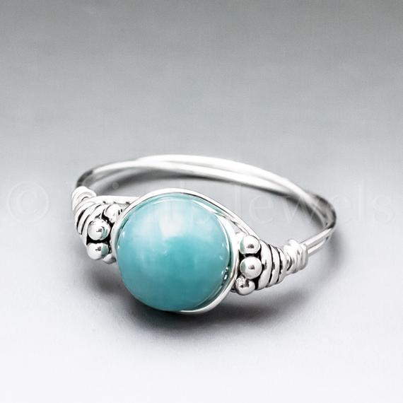 Peruvian Blue Amazonite Bali Sterling Silver Wire Wrapped Gemstone Bead Ring - Made To Order, Ships Fast!