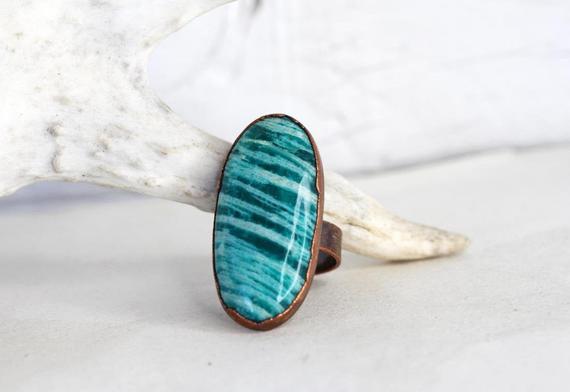 Amazonite Ring - Size 7 1/2 - Large Oval Cabochon - Bright Blue Stone - Natural Stone Ring