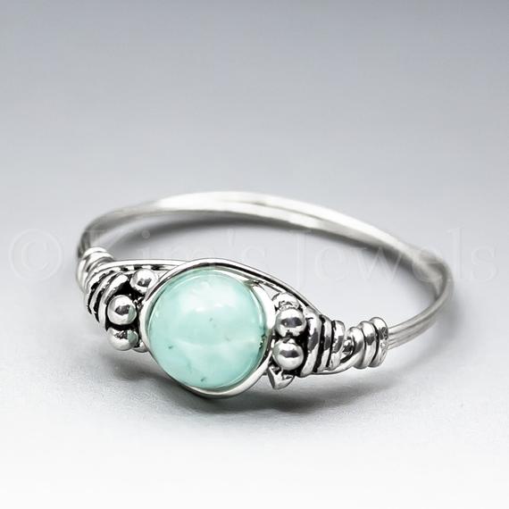 Soft Blue Amazonite Bali Sterling Silver Wire Wrapped Gemstone Bead Ring - Made To Order, Ships Fast!