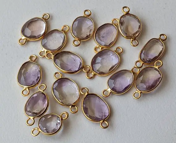 14-16mm Ametrine Rose Cut Free Form Shape Connectors, 5 Pcs Double Loop 925 Silver With Gold Polish, Bezel Findings, Ametrine Bezel - Pdg260