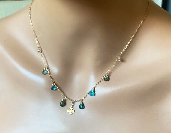 Blue Green Apatite Stone 14k Gold Fill Chain Choker Necklace.  Dainty, Delicate Necklace.