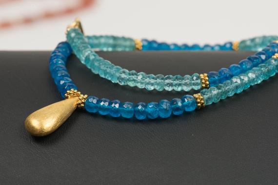 Neon Apatite And Sky Blue Apatite Necklace, Single Strand Necklace, Women's Fashion, Handmade Gemstone Jewelry