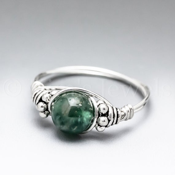 Green Apatite Bali Sterling Silver Wire Wrapped Gemstone Bead Ring - Made To Order, Ships Fast!