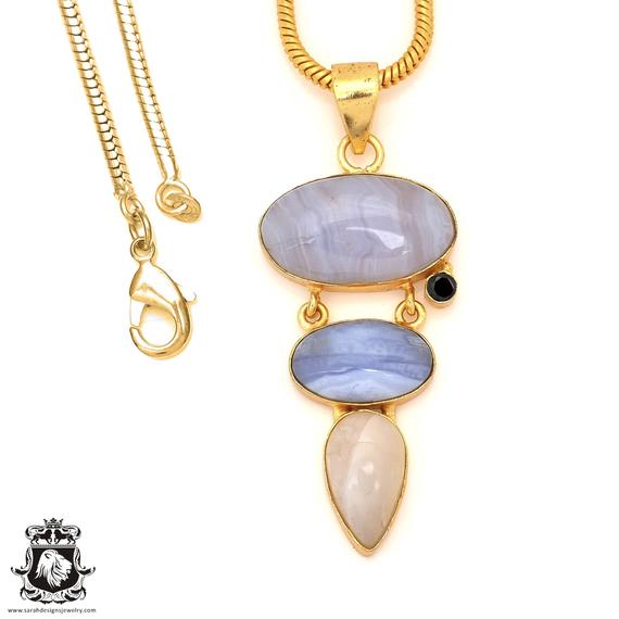 Blue Lace Agate 24k Gold Pendant & 3mm Snake Chain Gp85
