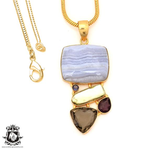 Blue Lace Agate 24k Gold Pendant & 3mm Snake Chain Gp78
