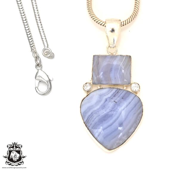 Blue Lace Agate 925 Sterling Silver Pendant & 3mm Italian 925 Sterling Silver Chain P7186