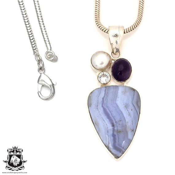 Blue Lace Agate Pearl Iolite Clear Topaz 925 Sterling Silver Pendant & 3mm Italian 925 Sterling Silver Chain P7172