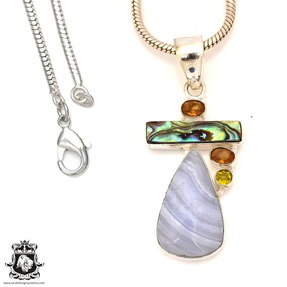 Blue Lace Agate Abalone Citrine 925 Sterling Silver Pendant & 3mm Italian 925 Sterling Silver Chain P7170