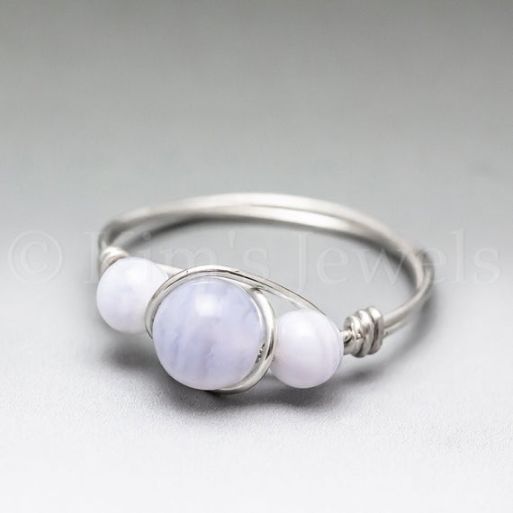 Blue Lace Agate Sterling Silver Wire Wrapped Gemstone Bead Ring - Made To Order, Ships Fast!