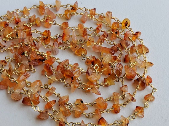 5-10mm Carnelian Wire Wrapped Chip Beads, Rosary Style Beaded Chain, 925 Silver Gold Plated Carnelian Chip Necklace (1foot To 5feet Options)