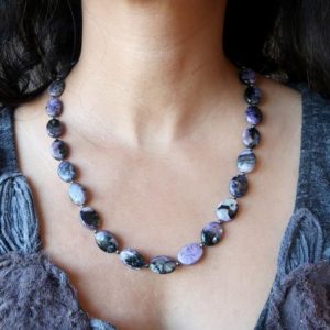 Shop Charoite Necklaces! Charoite Necklace Boutique Purple Black Swirling Oval Beaded | Natural genuine Charoite necklaces. Buy crystal jewelry, handmade handcrafted artisan jewelry for women.  Unique handmade gift ideas. #jewelry #beadednecklaces #beadedjewelry #gift #shopping #handmadejewelry #fashion #style #product #necklaces #affiliate #ad