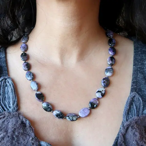 Charoite Necklace Purple Black Swirling Oval Beaded