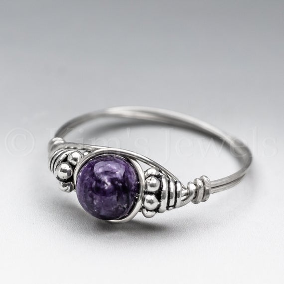 Dark Purple Charoite Bali Sterling Silver Wire Wrapped Gemstone Bead Ring - Made To Order, Ships Fast!
