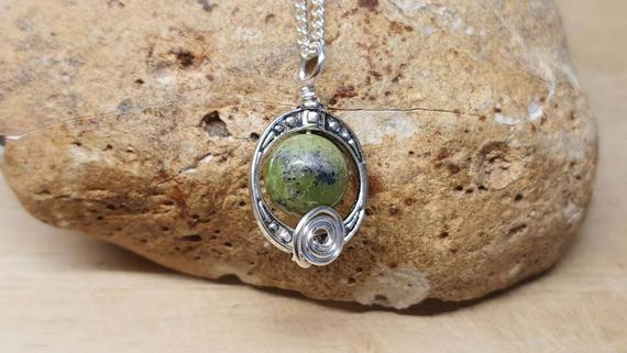 Small Green Chrysoprase Pendant Necklace. May Birthstone. Reiki Jewelry Uk. Libra Jewelry. Silver Plated Oval Frame Wire Wrapped Necklace.