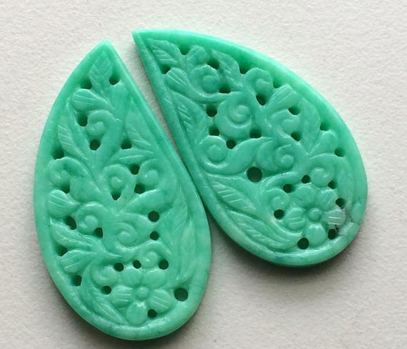 51x27mm Chrysoprase Filigree Drilled Hand Carved Matched Pair, Chrysoprase Gemstone Carving, Natural Chrysoprase Filigree  For Jewelry