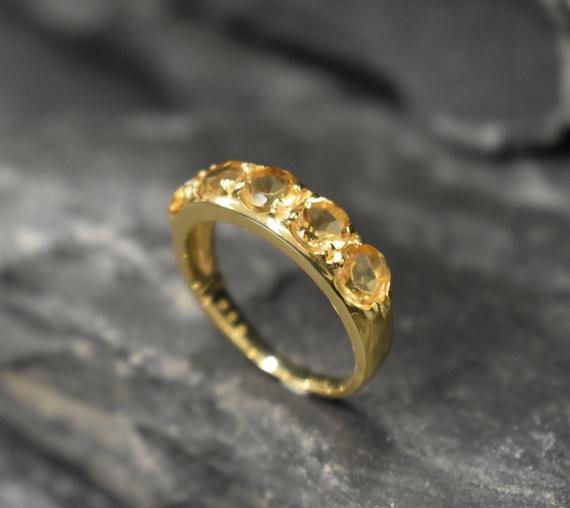 Gold Citrine Ring, Natural Citrine Ring, Statement Band, November Birthstone, Yellow Gemstone Band, Thick Yellow Ring, Solid Silver Ring