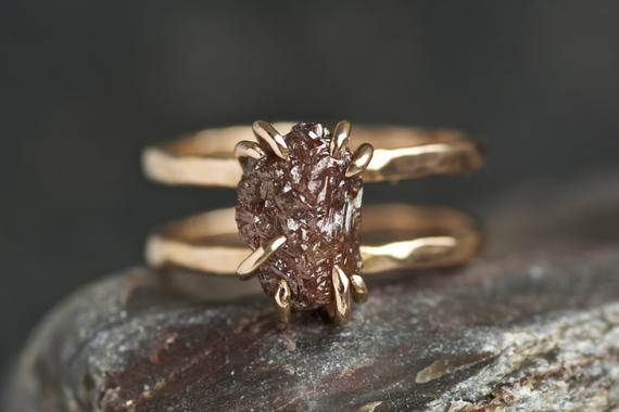 Rust Reddish Brown Double Band Diamond Ring. Hammered Unique Natural Uncut Rough Raw Brown Diamond 8 Prong Double Band Engagement Ring