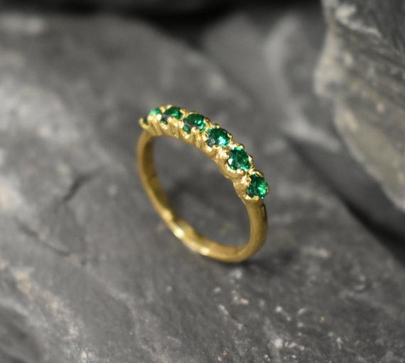 Half Eternity Ring, Gold Emerald Ring, Created Emerald Ring, Gold Eternity Ring, Green Diamond Ring, Gold Vinatge Band, Gold Stackable Band