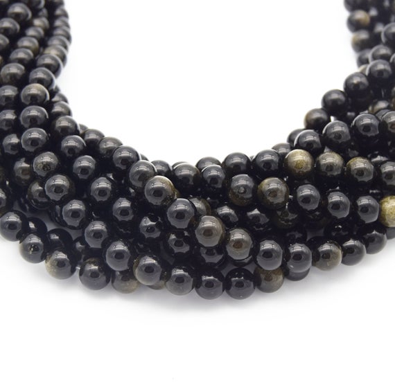 Golden Obsidian Bead | Gold Sheen Black Round Smooth Finish Gemstone Beads | 4mm 6mm 8mm 10mm 12mm Available