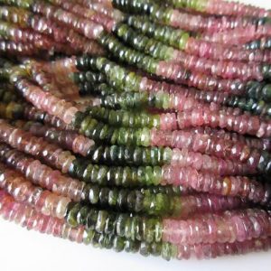 Shop Green Tourmaline Beads! 3 Strands Wholesale Faceted Tourmaline Heishi Beads, Pink Green Tourmaline Tyre Rondelle Beads, 5.5mm Each, 13.5 Inch Strand, GDS30 | Natural genuine faceted Green Tourmaline beads for beading and jewelry making.  #jewelry #beads #beadedjewelry #diyjewelry #jewelrymaking #beadstore #beading #affiliate #ad