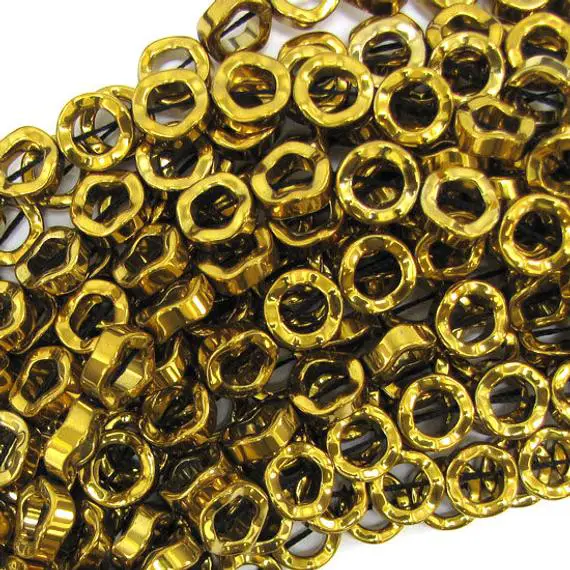 12mm Hematite Twist Donut Beads 16" Strand Gold 32476