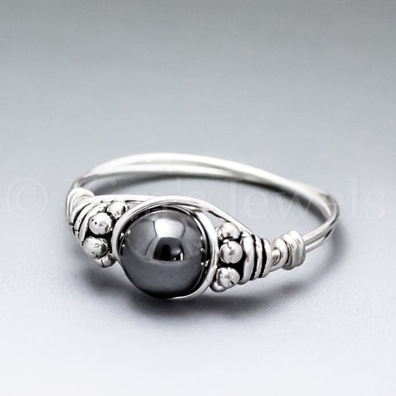 Hematite Bali Sterling Silver Wire Wrapped Gemstone Bead Ring - Made To Order, Ships Fast!