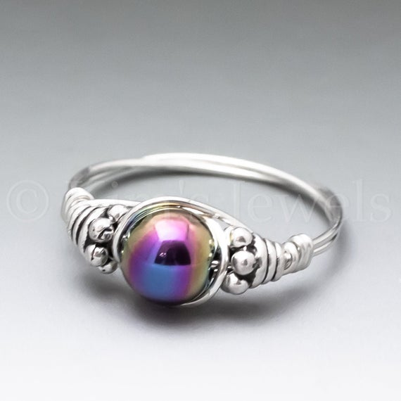 Rainbow Magnetic Hematite Bali Sterling Silver Wire Wrapped Gemstone Bead Ring - Made To Order, Ships Fast!