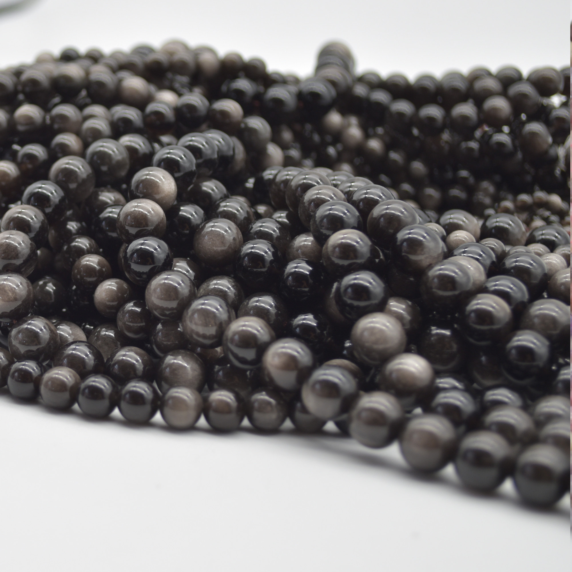 High Quality Grade A Natural Silver Sheen Obsidian Semi-precious Gemstone Round Beads - 4mm, 6mm, 8mm, 10mm Sizes - 15" Strand