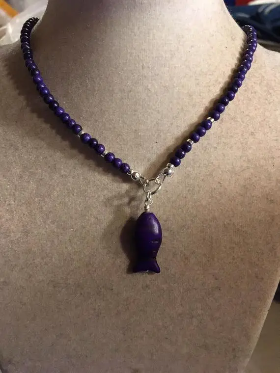 Purple Necklace - Howlite Jewelry - Sterling Silver - Gemstone Jewellery - Fish Pendant - Beaded