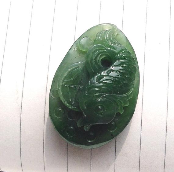 Carved Natural Nephrite Jade Pendant, Fish Wish Flower "年年有鱼，事事如意" Jade Pendant, Natural Green Jade, Amulet Pendant Ag
