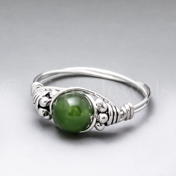 Canadian Jade Bali Sterling Silver Wire Wrapped Gemstone Bead Ring - Made To Order, Ships Fast!