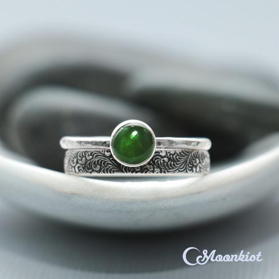 Green Jade Stacking Wedding Ring Set, Sterling Silver Jade Ring Set, Fern Engagement Ring Set | Moonkist Designs