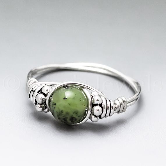 Nephrite Traditional Chinese Jade Bali Sterling Silver Wire Wrapped Gemstone Bead Ring - Made To Order, Ships Fast!