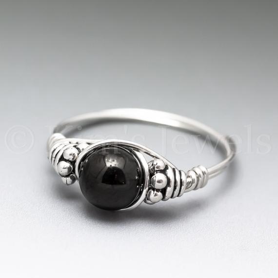 Black Jet Bali Sterling Silver Wire Wrapped Gemstone Bead Ring - Made To Order, Ships Fast!
