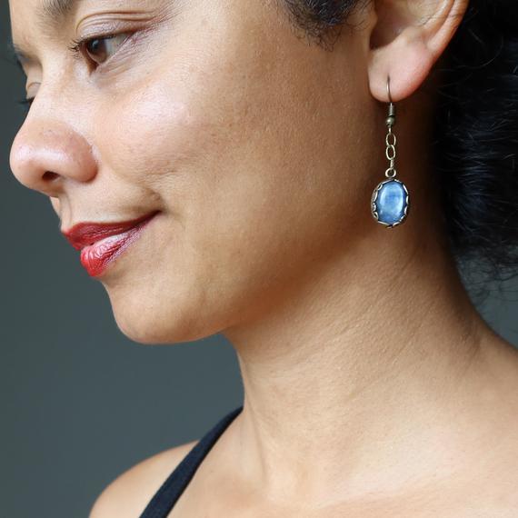 Blue Kyanite Earrings Oval Gemstone Brass Dangle