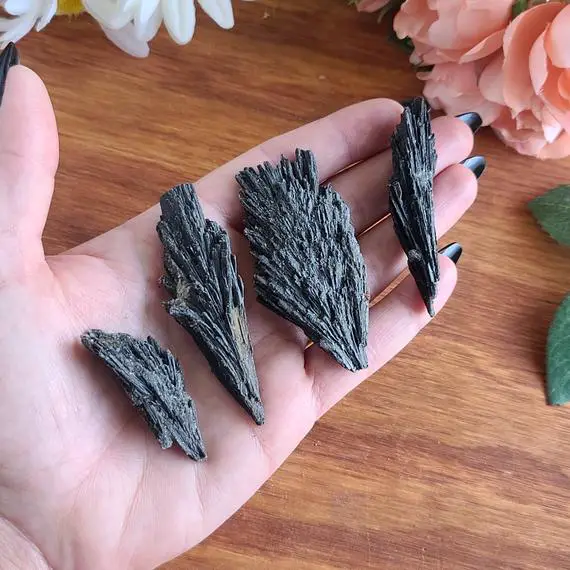 Black Kyanite Fans, Raw Crystal Blades From Brazil, Perfect For Jewelry Making, Metaphysical Gifts, Or Crystal Grids