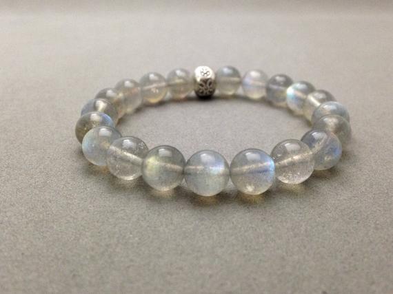 Labradorite Crystal And Karen Hill Silver Bead Stretch Bead Bracelet For Channeling, Empath Protection, Inspiration, Clearing Auric Field