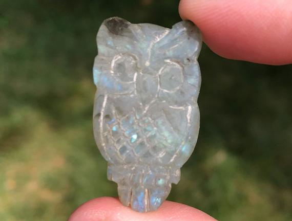 1.3" Labradorite Owl Cabochon  Owl Carving   Flashy Gemstone Crystal Cab #4