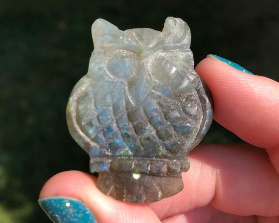 1.6" Labradorite Owl Cabochon  Owl Carving   Flashy Gemstone Crystal Cab #1