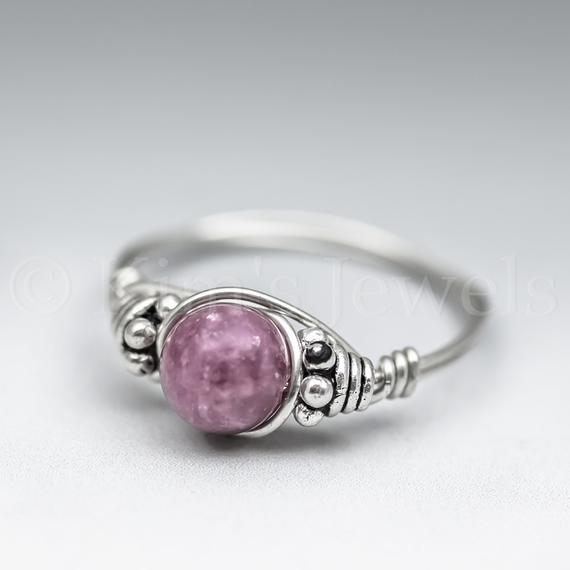 Pink Lepidolite Bali Sterling Silver Wire Wrapped Gemstone Bead Ring - Made To Order, Ships Fast!
