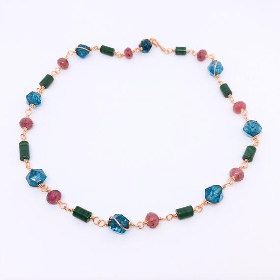 Malachite Rosary Necklace, Multi Gemstone Necklace, Strawberry Quartz, Girlfriend Gift, Malachite Jewelry, Unique Christmas Gift