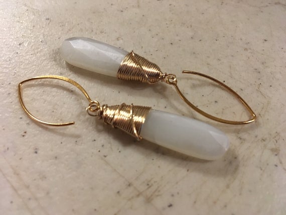 White Earrings - Gold Jewelry - Moonstone Gemstone Jewellery - Wire Wrapped - Fashion - Vogue-  Elegant