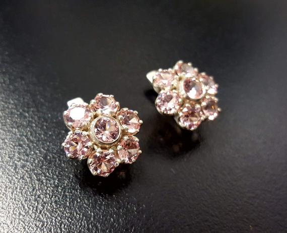 Pink Earrings, Morganite Earrings, Created Morganite, Flower Earrings, Floral Earrings, Pink Diamond Studs, Solid Silver Earrings, Morganite